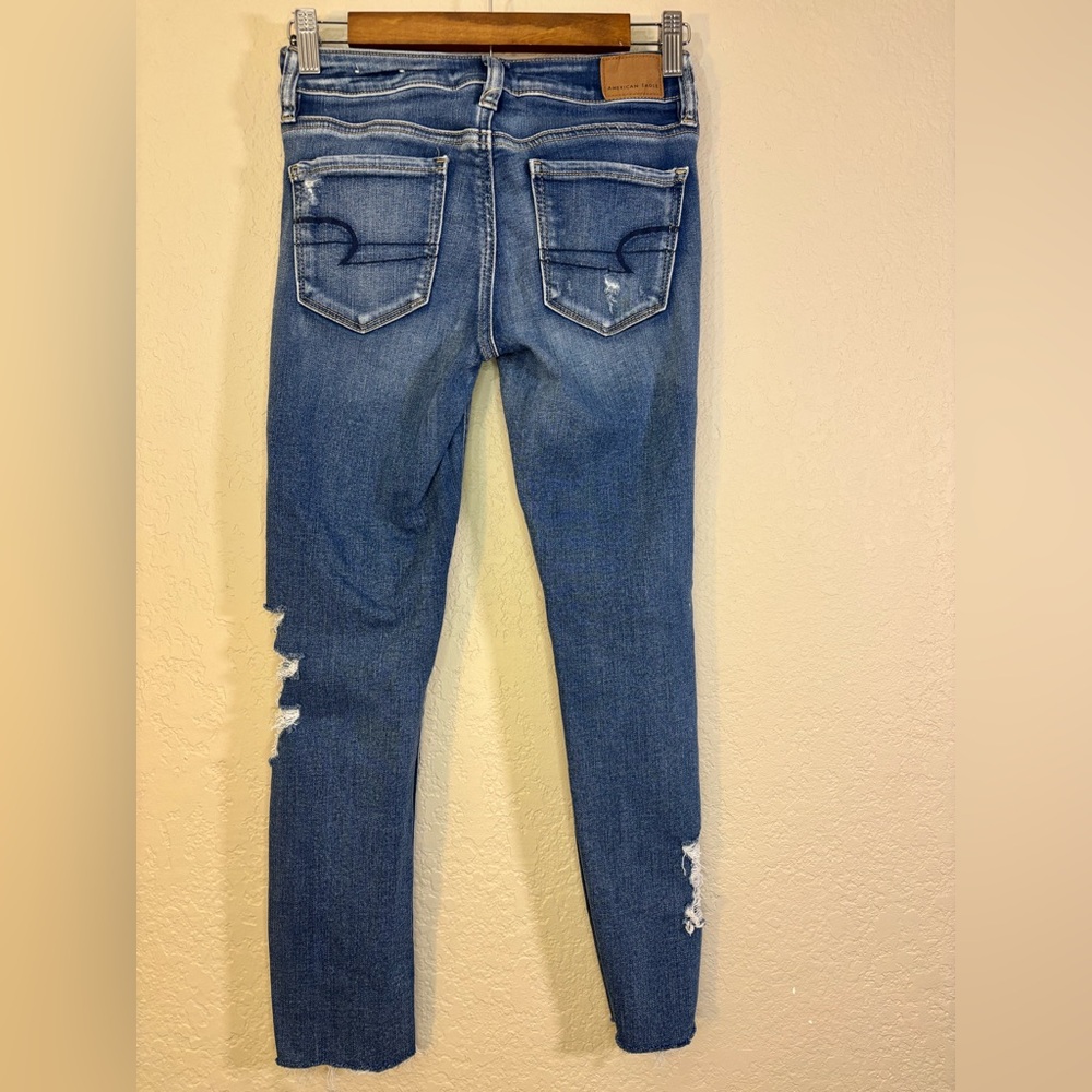 American Eagle Outfitters Distressed Ripped Blue Skinny Jeans Size 0 - Picture 2 of 11
